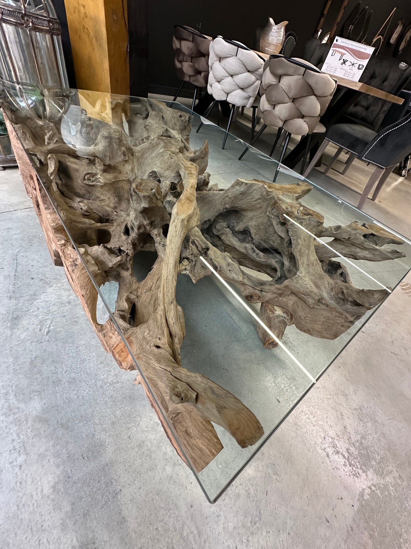 Table Basse Design en Racine de Bois et Plateau Verre