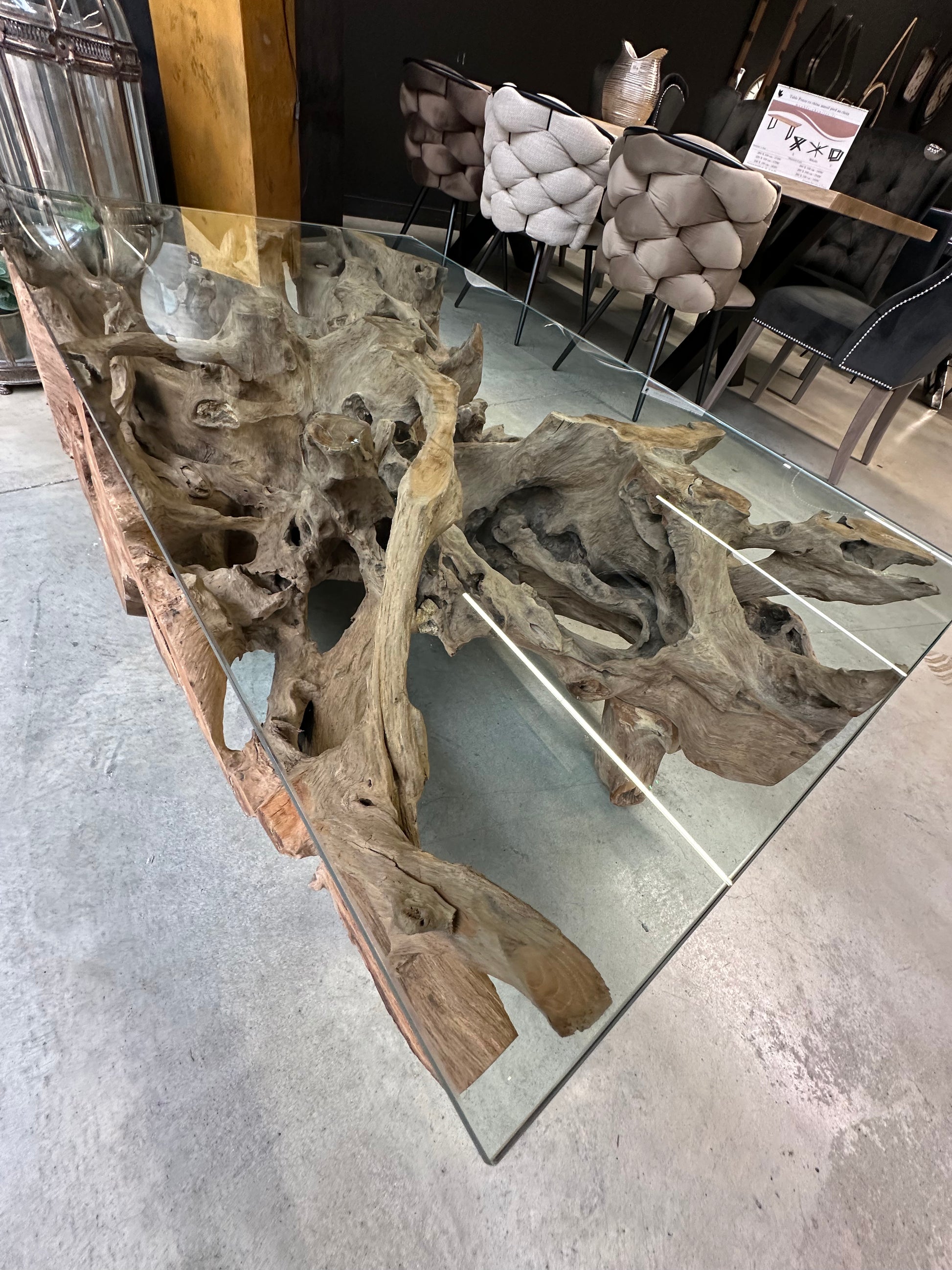 Table Basse Design en Racine de Bois et Plateau Verre
