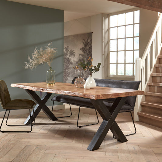Table Acacia Massif bords naturels Pieds X noir mat - AMALFI