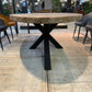 TABLE OVALE TECK MASSIF PIED METAL NOIR CENTRAL DIMENSIONS SUR MESURE - meuble-ebeniste.com devient meuble-ebeniste.fr