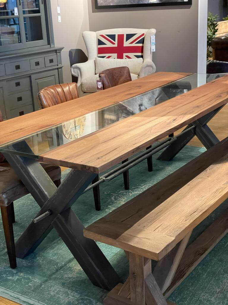 table duo chêne verre pieds métal X 10