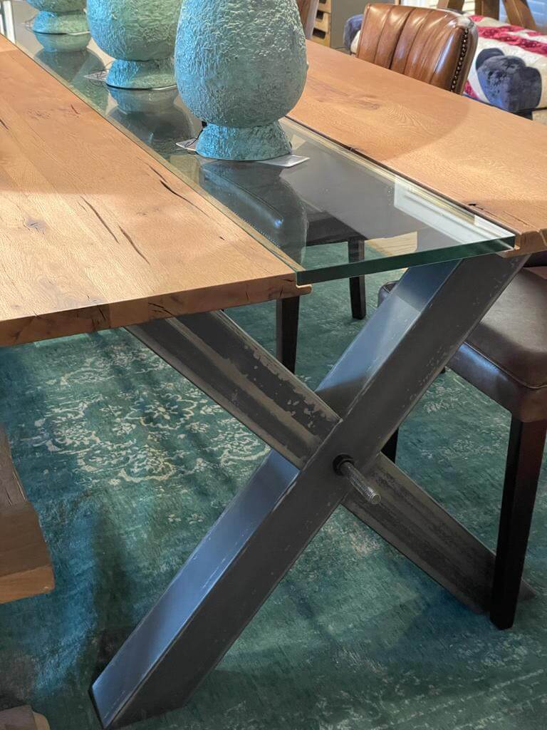 table duo chêne verre pieds métal X 2
