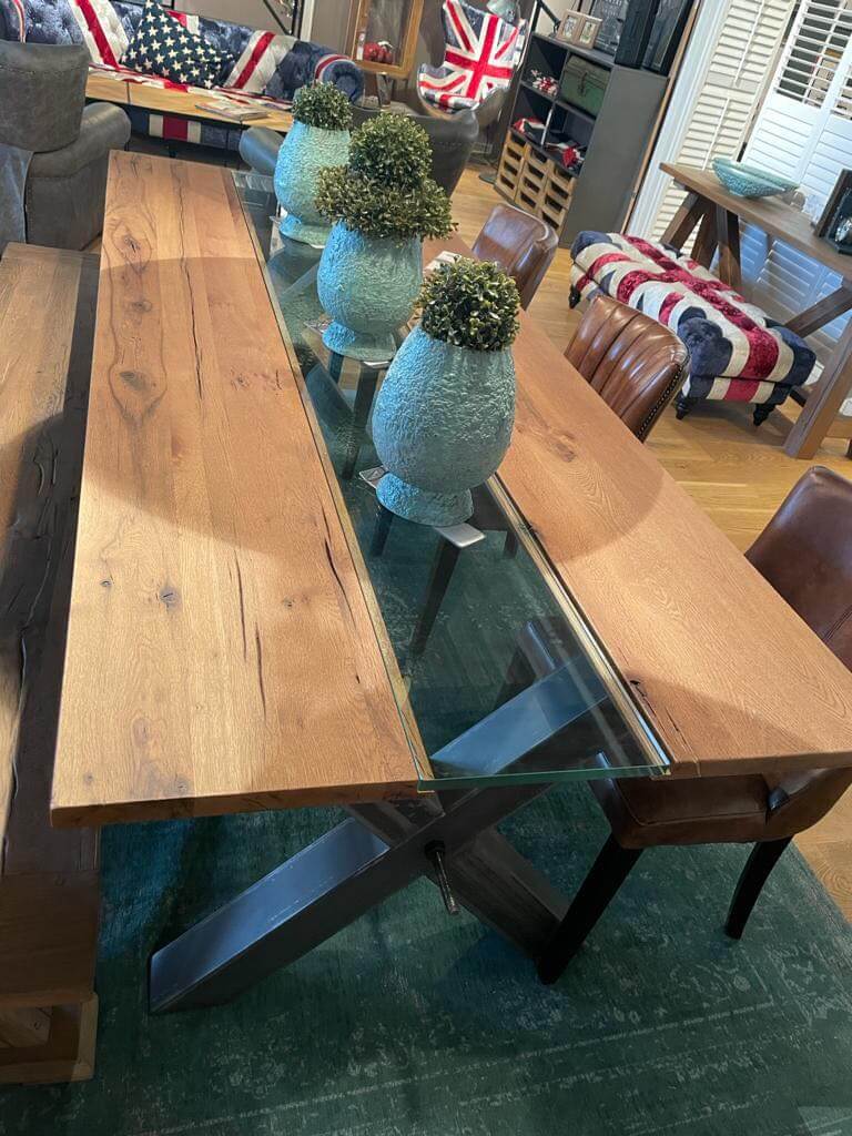 table duo chêne verre pieds métal X 3