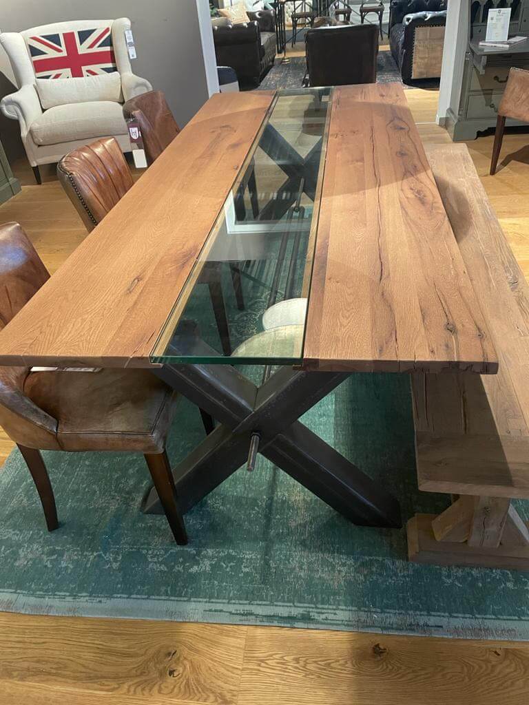 table duo chêne verre pieds métal X 4