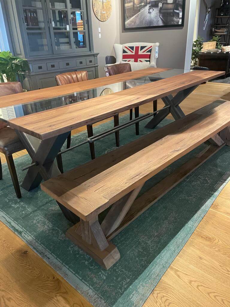 table duo chêne verre pieds métal X 5