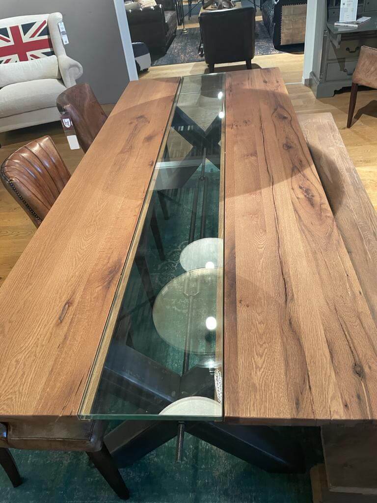 table duo chêne verre pieds métal X 6