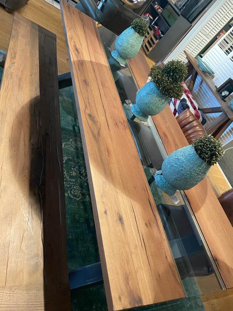 table duo chêne verre pieds métal X 7