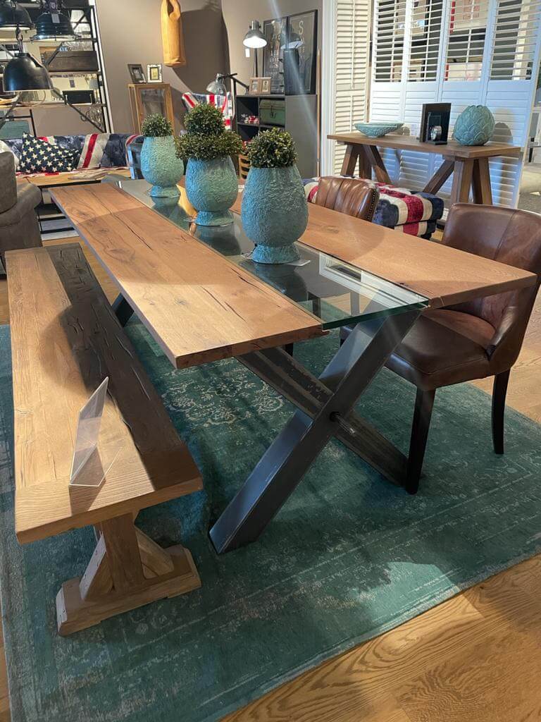 table duo chêne verre pieds métal X 8