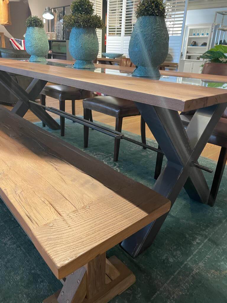 table duo chêne verre pieds métal X 9