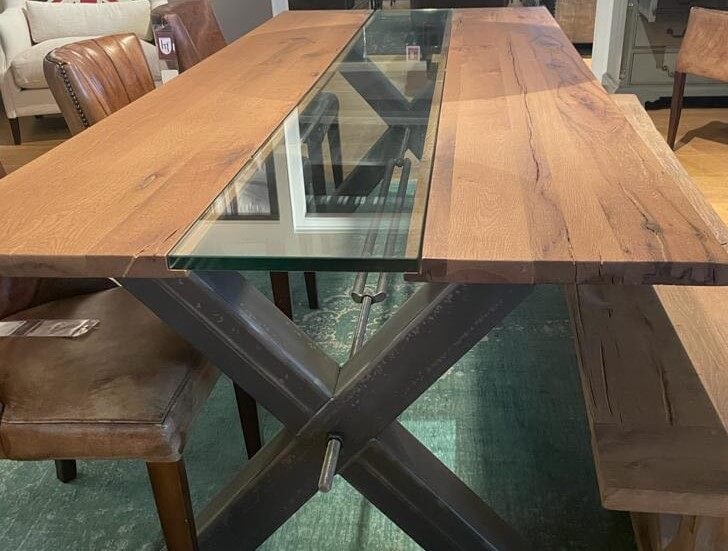 table duo chêne verre pieds métal X 